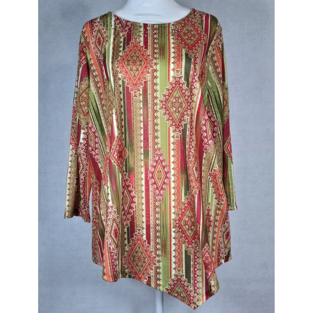 Womens L Boho Rhinestone Geometric Sharkbite Hem Tunic Top Red Green Long Sleeve